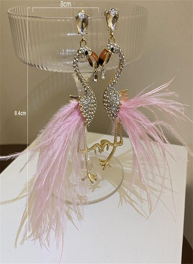 Uarein Flamingo Dangle Earring for Women.Feather Tassel Drop Earrings Elegant Crystal Birds Earrings Fashion Jewelry Gifts for Women (Pink) - Image 3